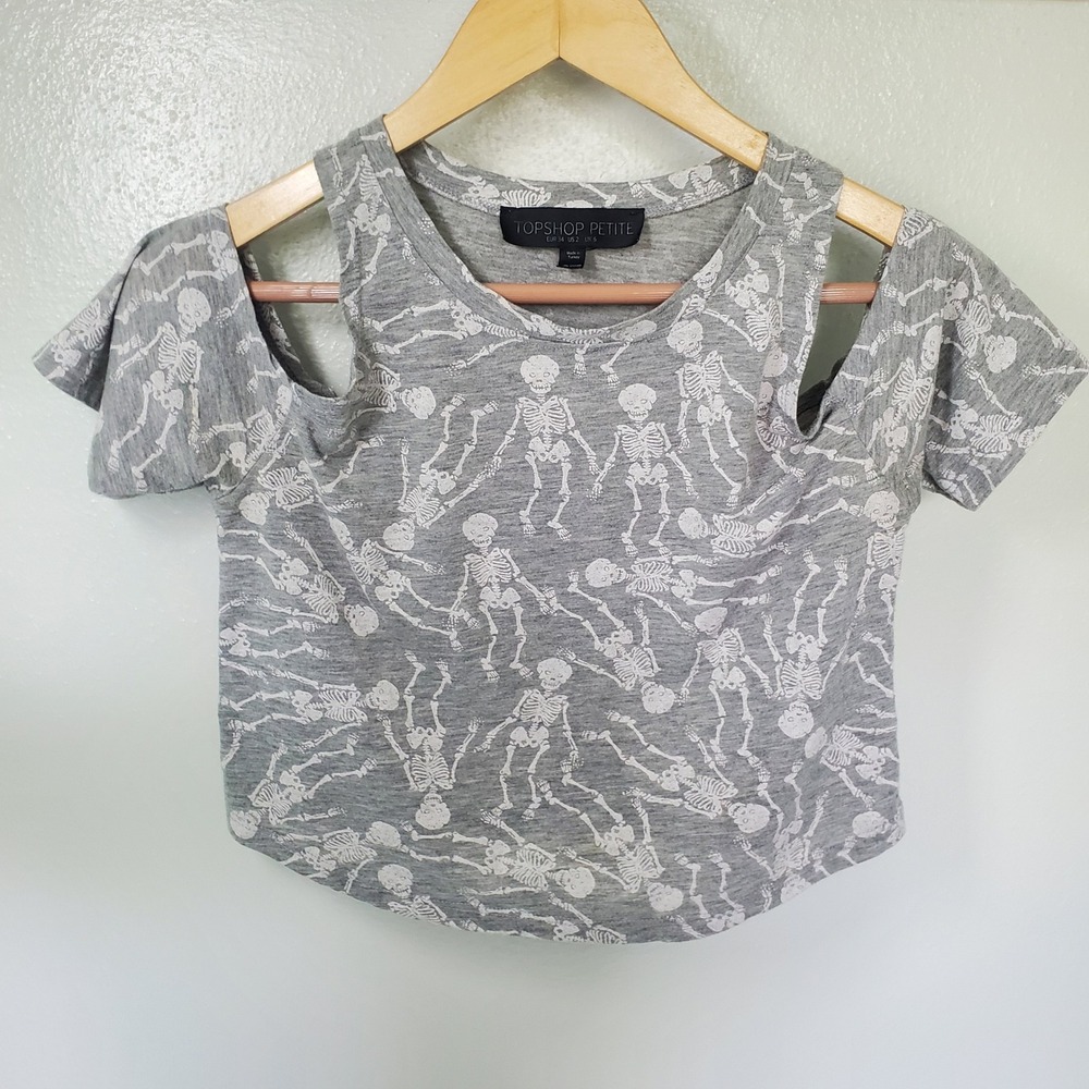 Topshop Petite Gray Skeleton Print Cold Shoulder Short Sleeve Crop Top Halloween